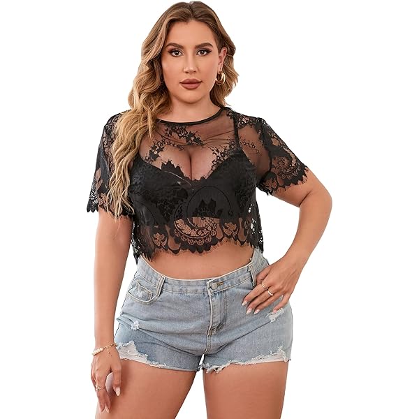 Floerns Women's Plus Size Sheer Mesh Short Sleeve Crop Top T Shirt